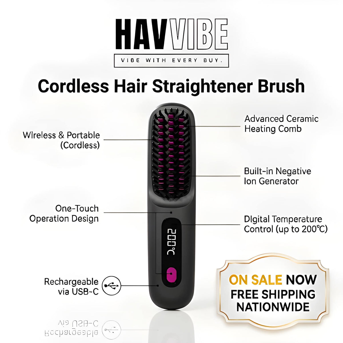Rechargeable Straightening Brush Cordless by Havvibe