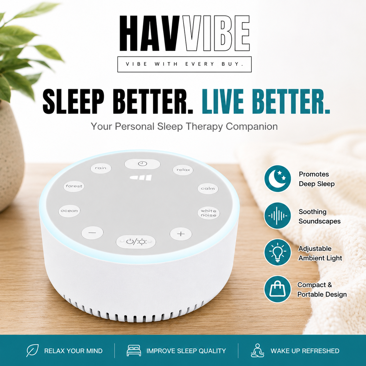 White Noise Sound Machine with Night Light – 6 Soothing Sleep Sounds, Sleep Timer & Memory Function by Havvibe