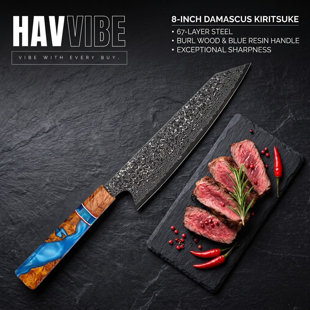 8" Japanese Kiritsuke Chef Knife – Handcrafted High-Carbon Damascus Steel Kitchen Knife by Havvibe